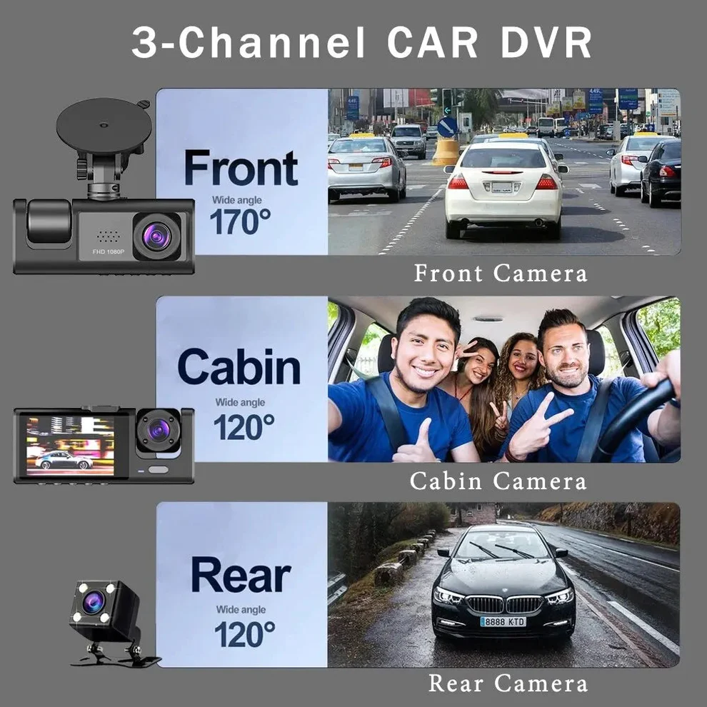 Three-Channel Dash Cam with IR Night Vision & G-Sensor