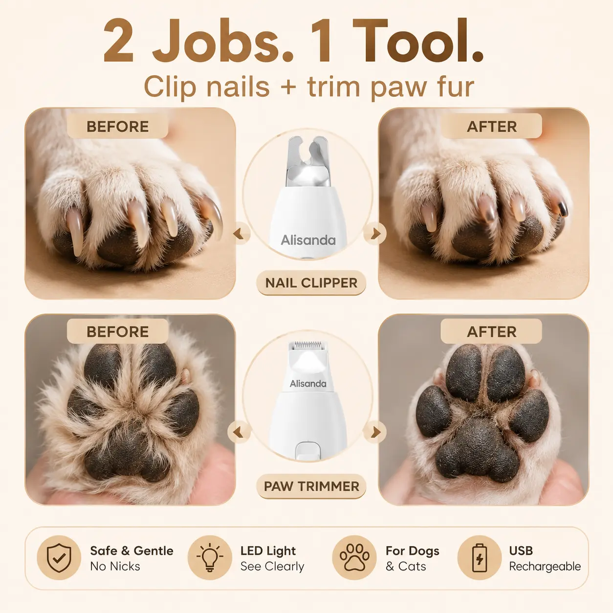 Alisanda 2-in-1 Dog Nail Clipper & Paw Hair Trimmer Kit with LED Light – Rechargeable Low-Noise Pet Grooming Tool for Dogs & Cats - Image 7