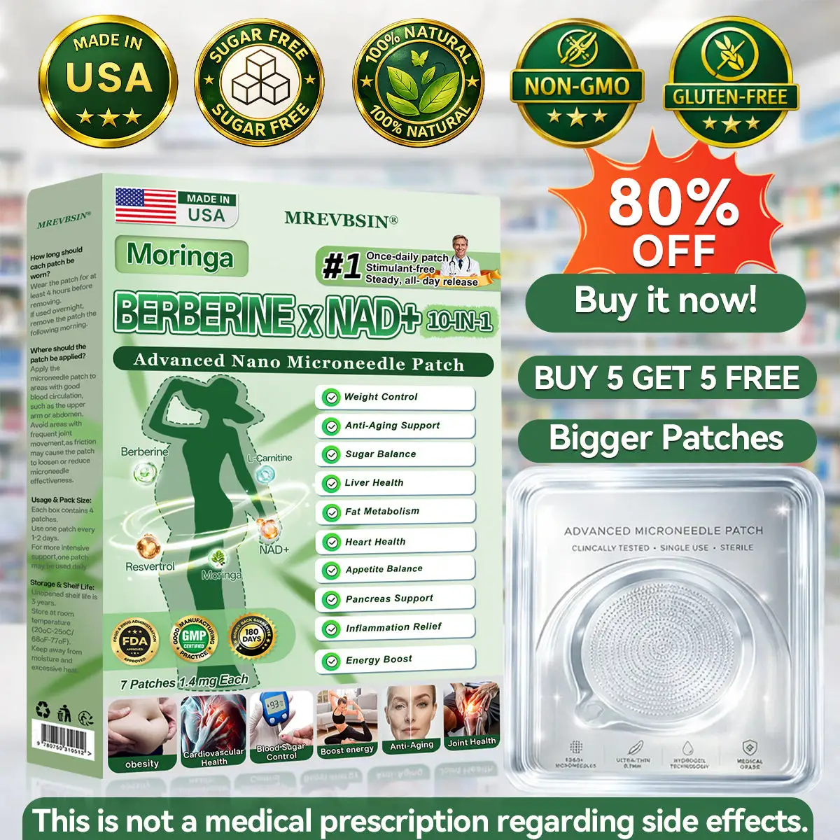 Moringa · Berberine × NAD+ 10-in-1 Advanced Nano Microneedle Patch